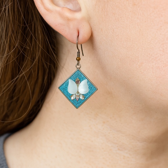 Alpaca Butterfly Earrings Turquoise Mother of Pearl Pierced dangle vintage - Picture 1 of 8